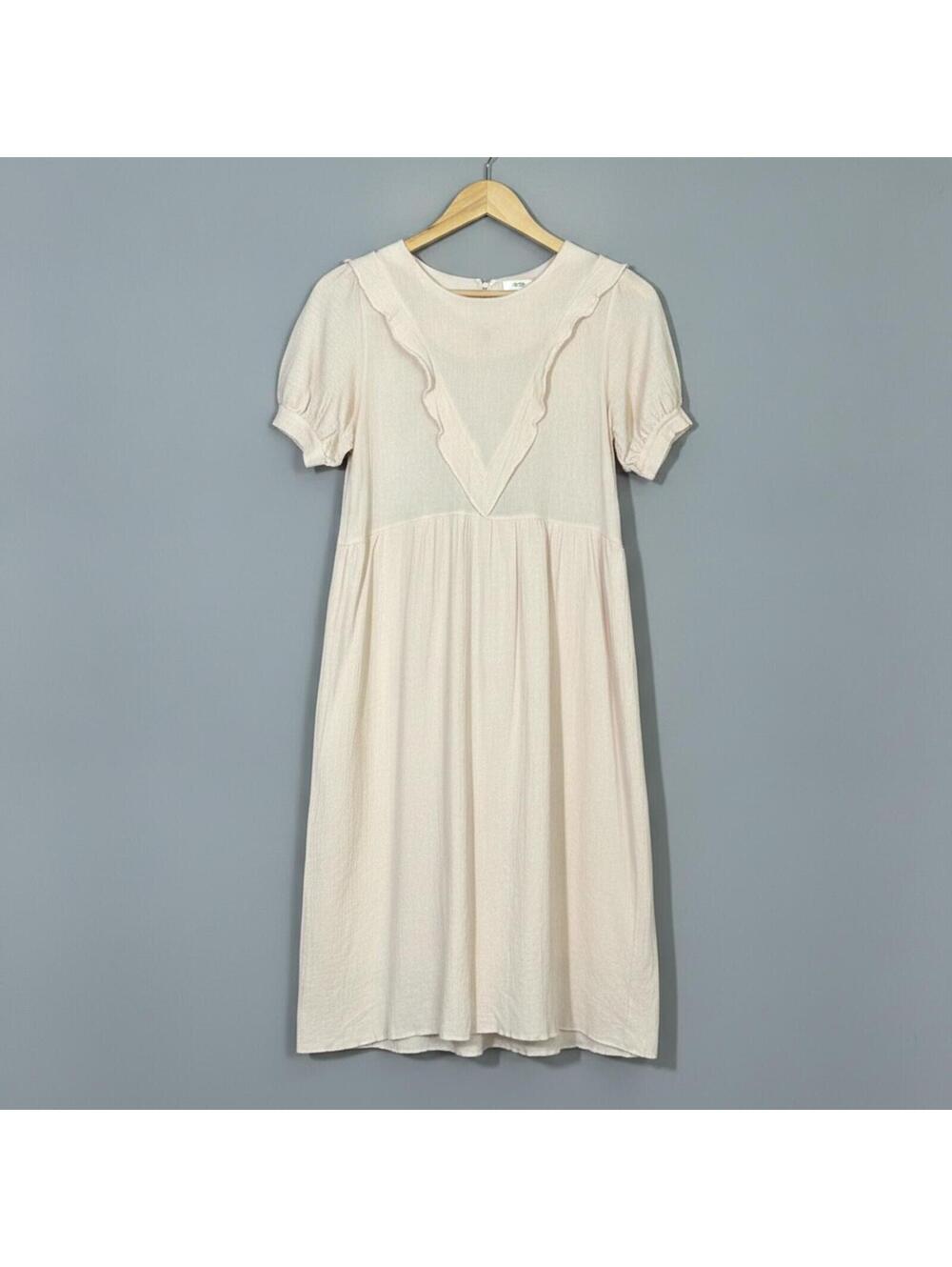 Women's Vintage Cottagecore Ruffled Detail Puff Sleeve Cream Midi Dress Size S